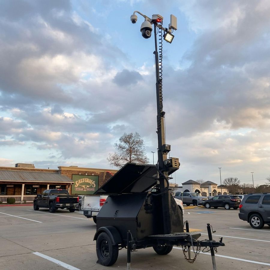 Live feed view from a SentryCam AI tower deployed at a commercial restaurant in Houston, TX.
