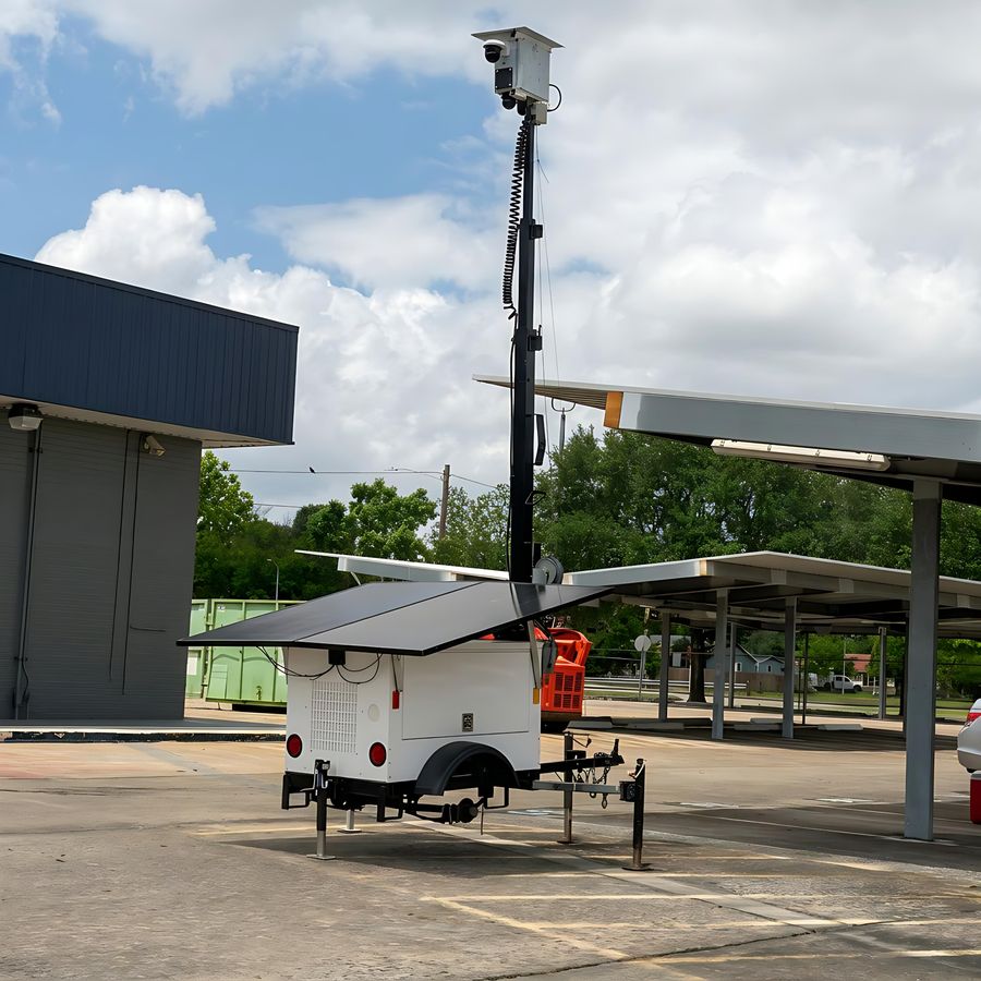 A SentryCam AI mobile security tower on a white trailer with mast extended, deployed at a commercial site.
